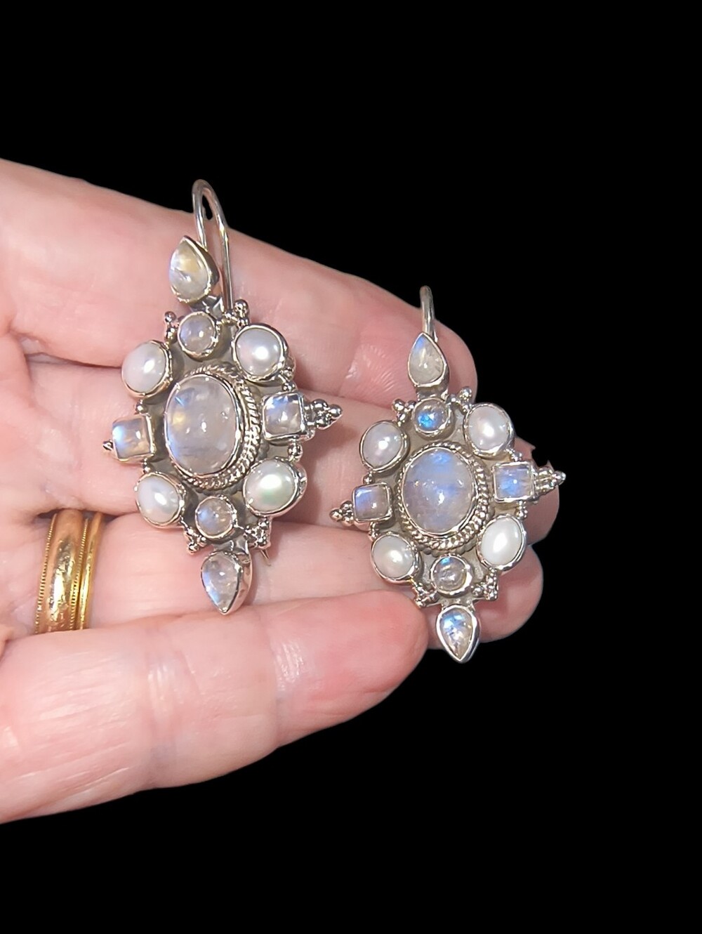 Rainbow Moonstone And White Pearl Large Cluster Drop Earrings Brand New - Picture 5 of 9